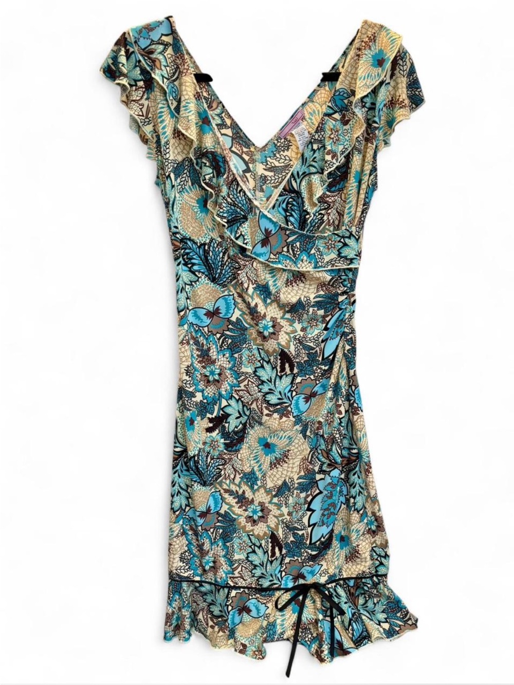 V-Neck Floral Ruffle Midi Dress in Teal and Cream